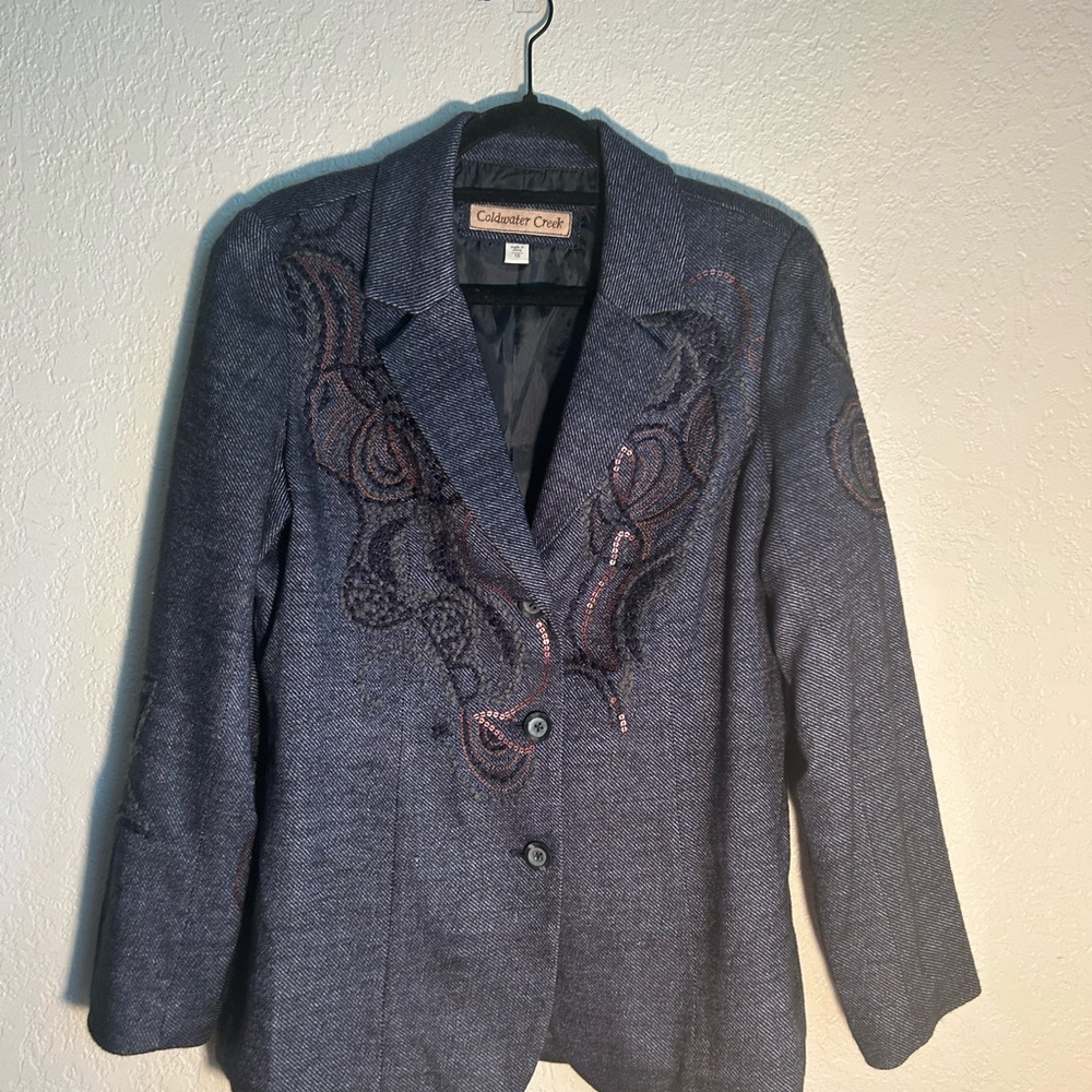 Coldwater Creek Navy Embroidered Blazer size 10 ✨